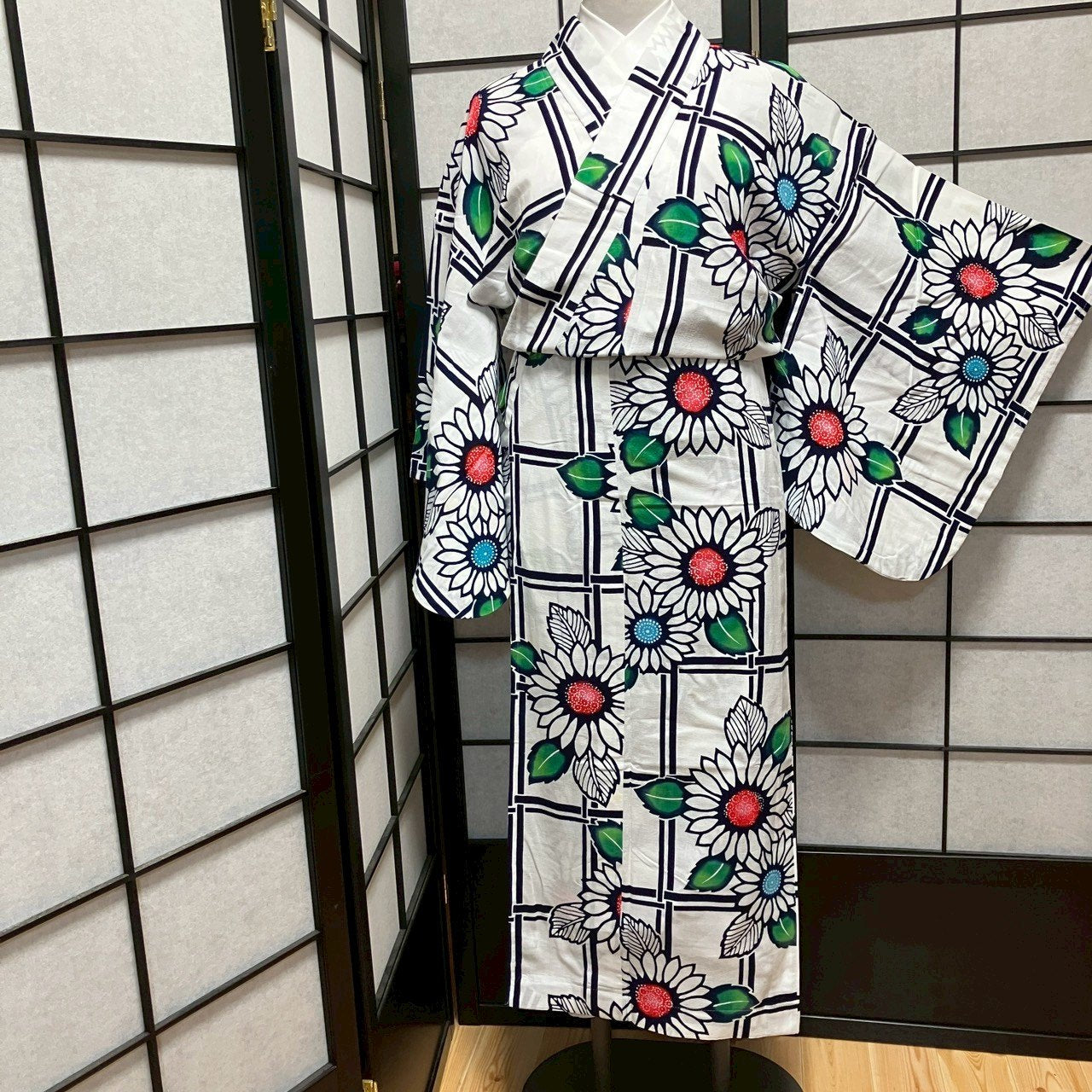 ［8791］浴衣 草花文様 格子柄 綿 ゆかた レディース リメイク