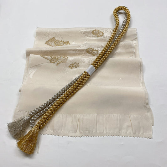［8613］帯締め 帯揚げ セット 草花銀杏文様 金銀糸 正絹 着物 帯絞め
