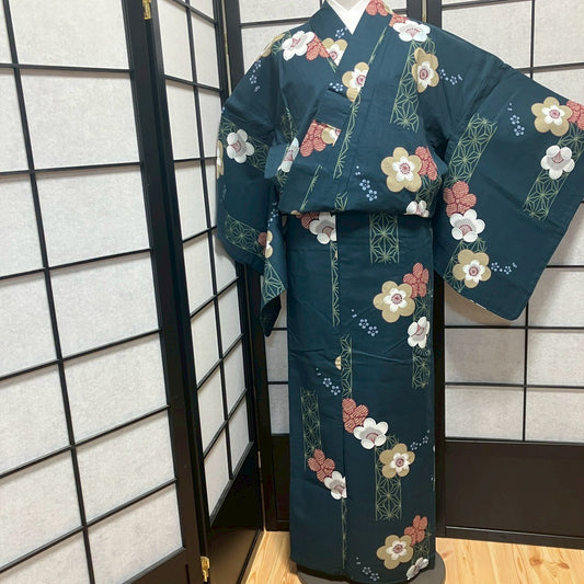 8764# Japanese Yukata Womens Vintage Fabric Cotton Robe Kimono Traditional