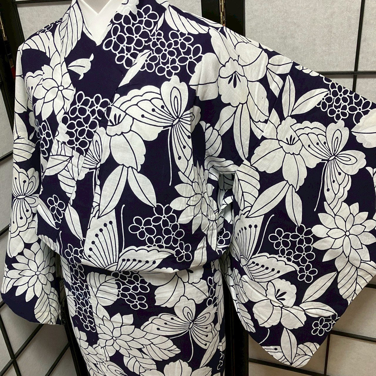 ［9087］浴衣 草花蝶文様 綿 リメイク ゆかた レディース