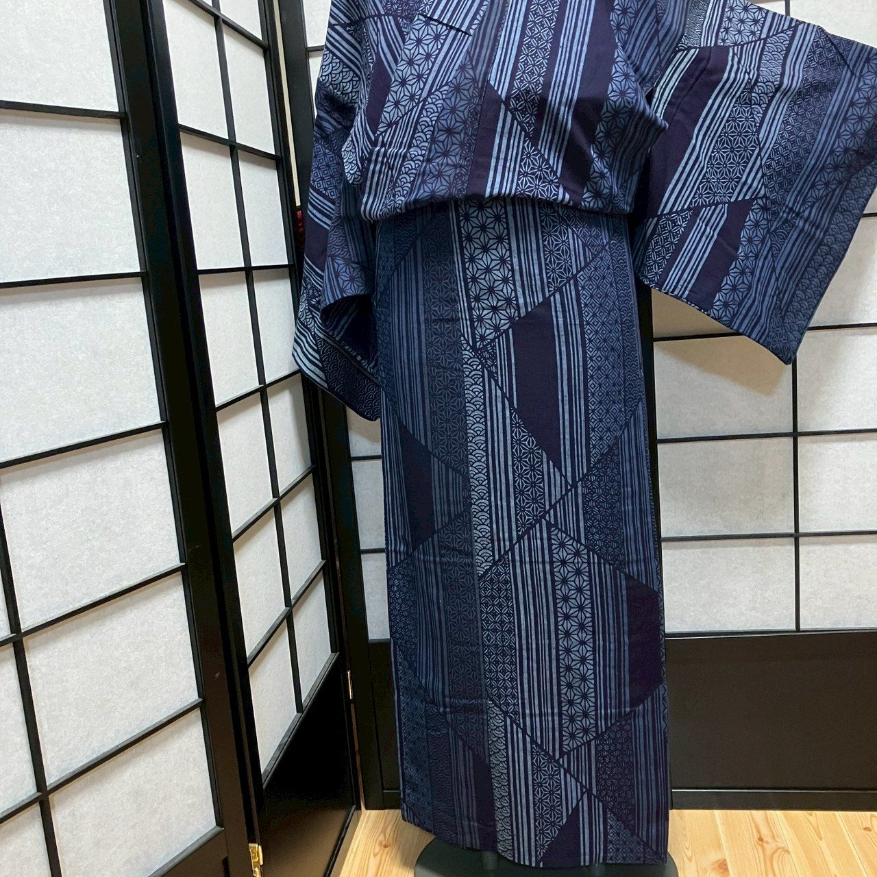 ［9465］浴衣 美品 麻の葉青海波吉祥文様 ゆかた レディース 綿 リメイク