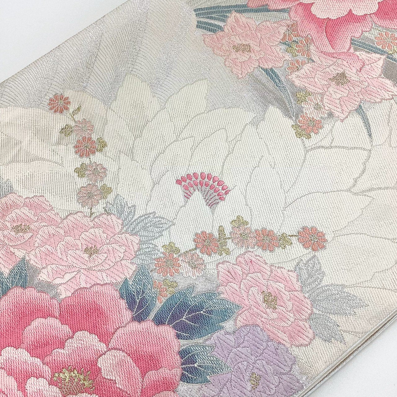 ［8877］袋帯 草花文様 刺繍 銀糸 六通 正絹 着物 フォーマル