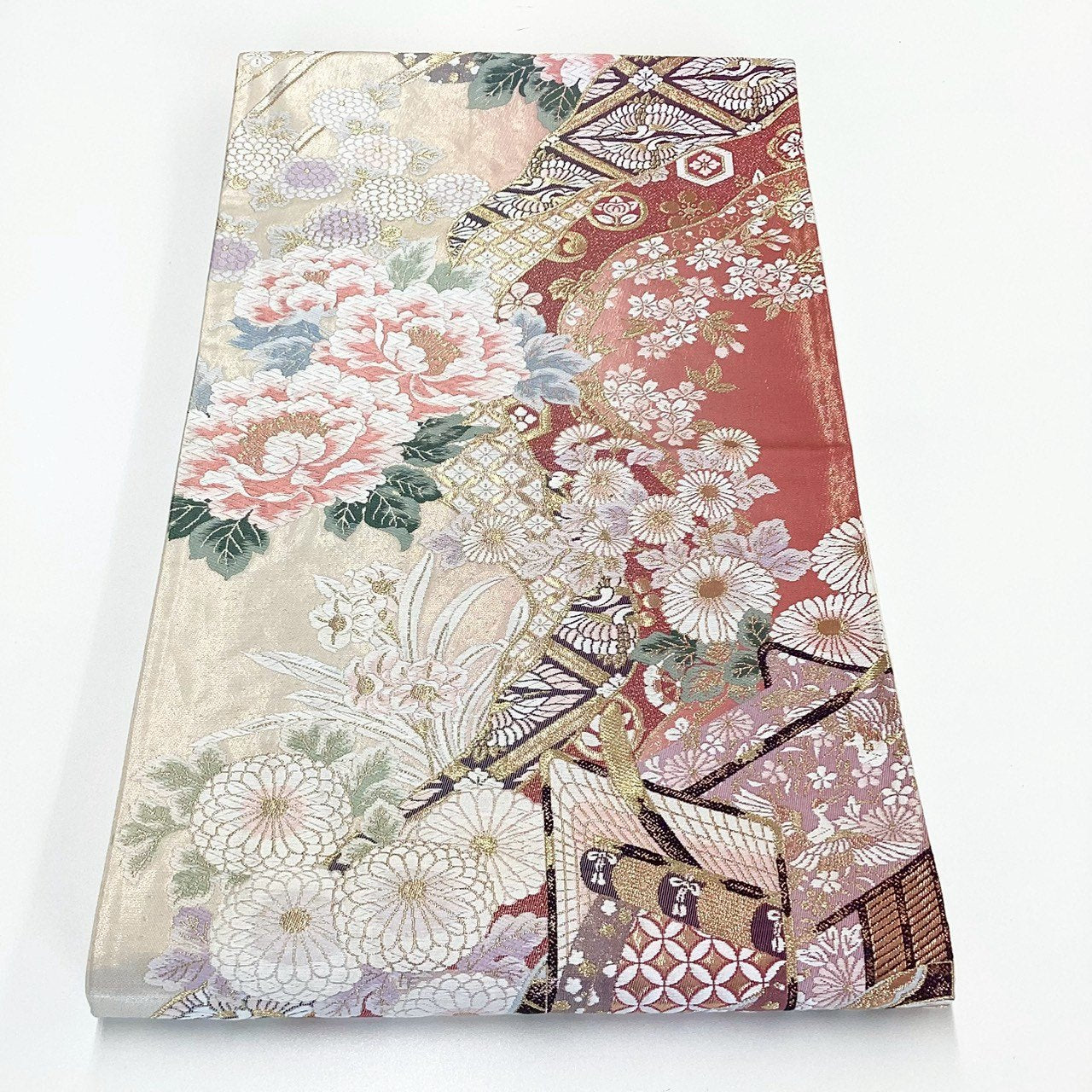［8885］袋帯 草花鳳凰吉祥文様 金糸 六通 正絹 着物 フォーマル