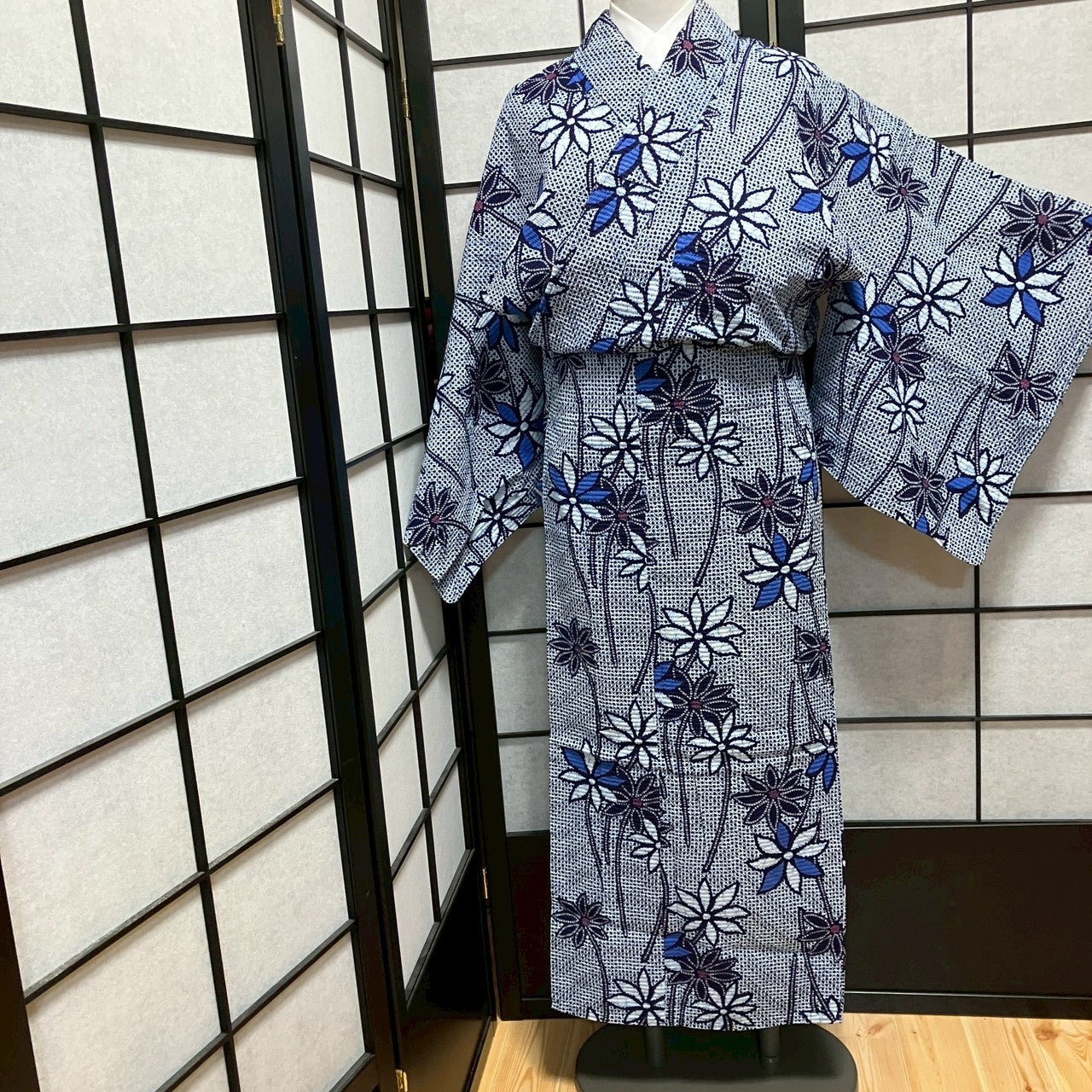 ［9113］浴衣 草花文様 絞り調 リメイク ゆかた 綿 レディース