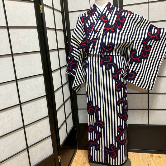 8751# Japanese Yukata Womens Vintage Fabric Cotton Robe Kimono Traditional