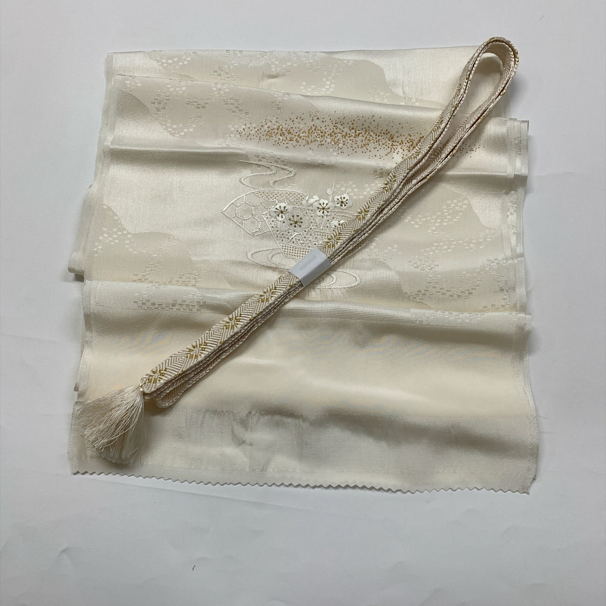 ［9824］帯締め 帯揚げ セット 扇面流水花文様 白 金彩 正絹 着物 帯絞め