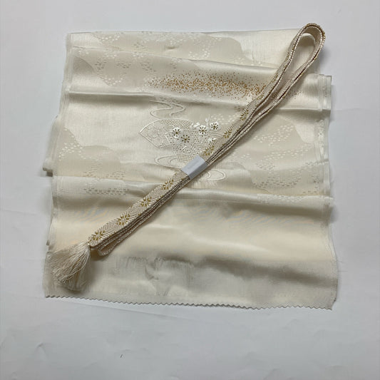 ［9824］帯締め 帯揚げ セット 扇面流水花文様 白 金彩 正絹 着物 帯絞め
