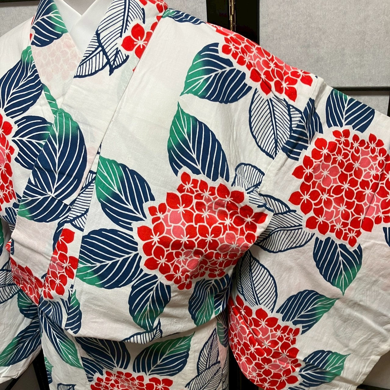 ［9430］浴衣 あじさい 紫陽花文様 ゆかた 綿 リメイク 白 レディース