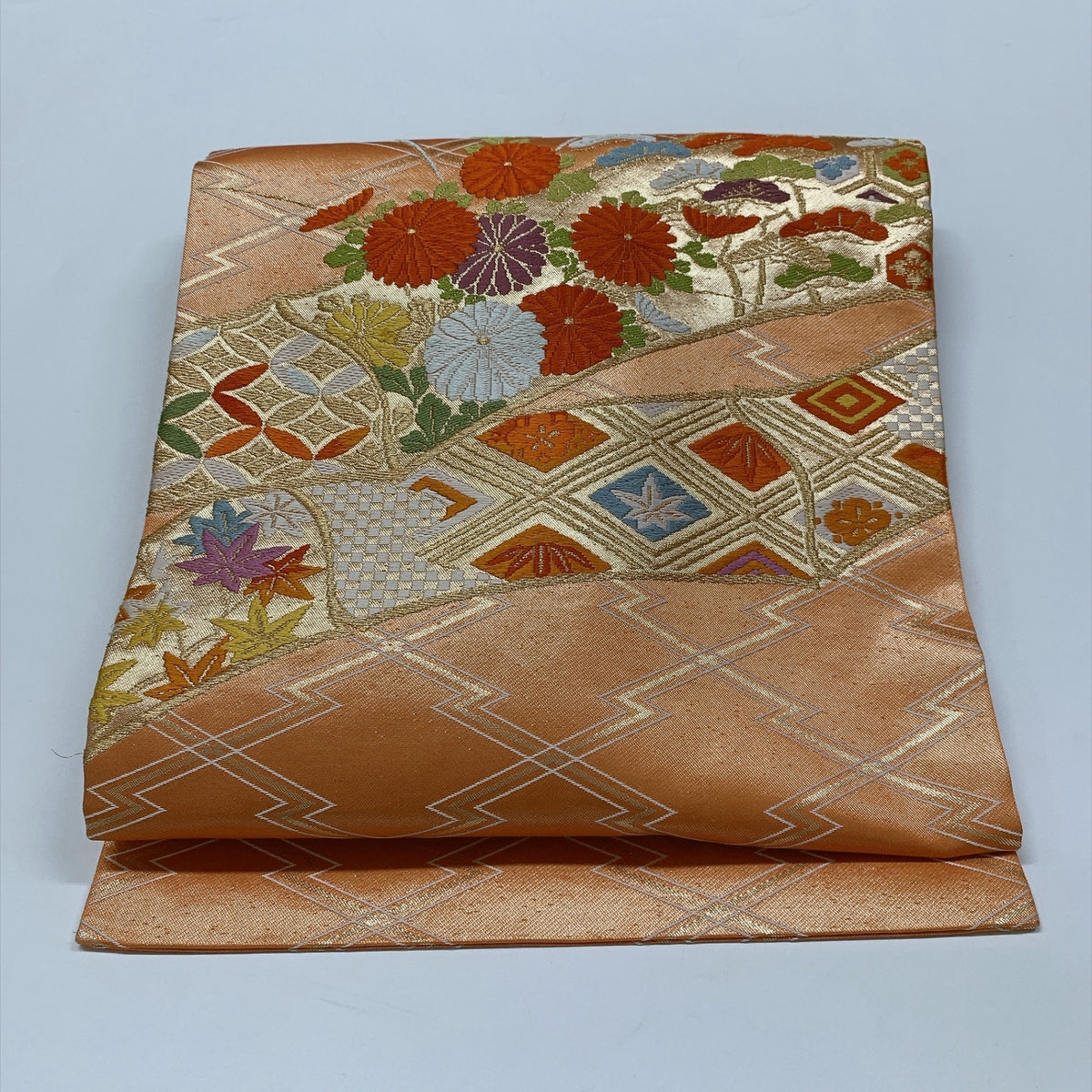 ［9413］名古屋帯 草花松皮菱吉祥文様 金彩 九寸 正絹 着物