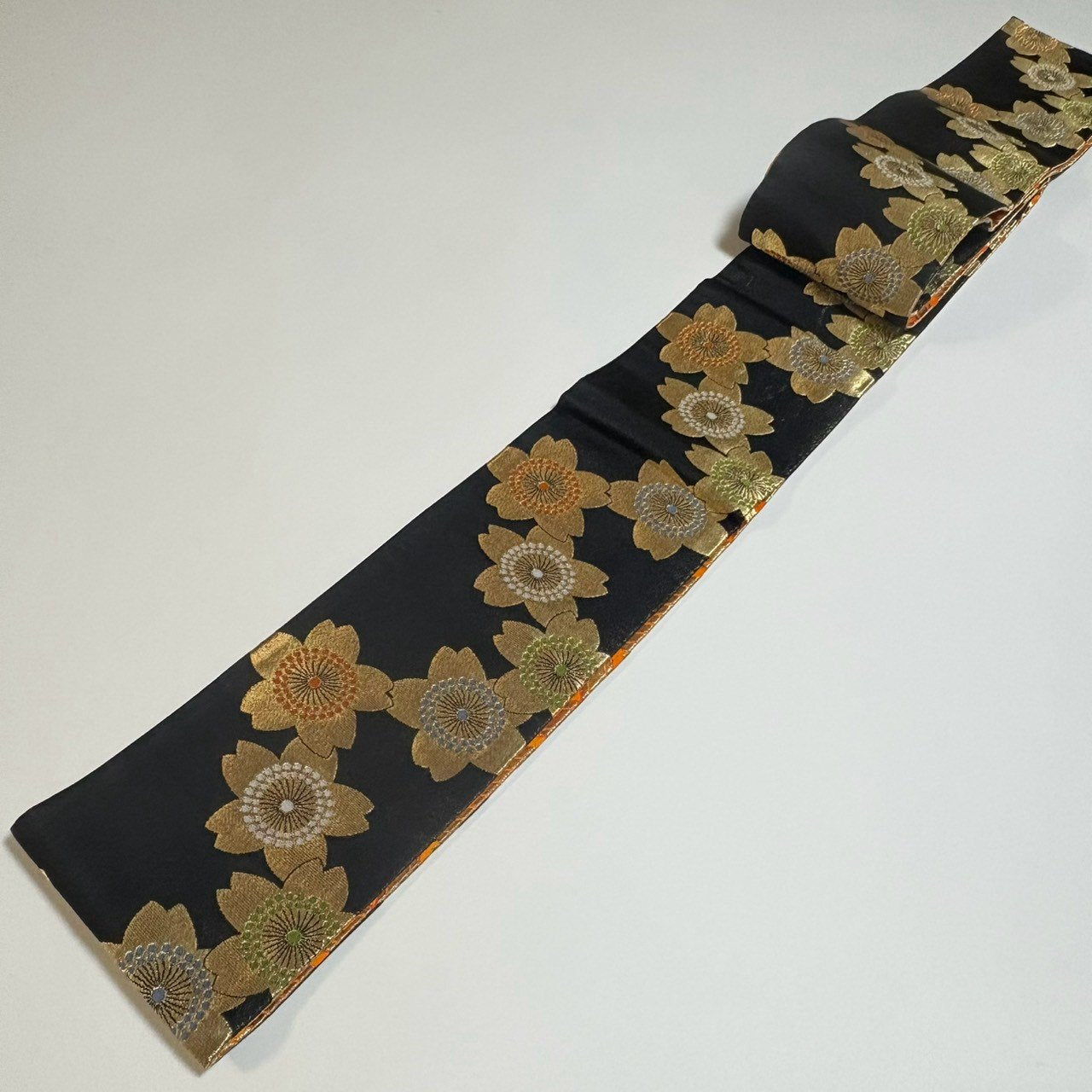 ［9545］半幅帯 美品 草花文様 黒 リバーシブル 半巾帯 浴衣 着物 レディース 袴