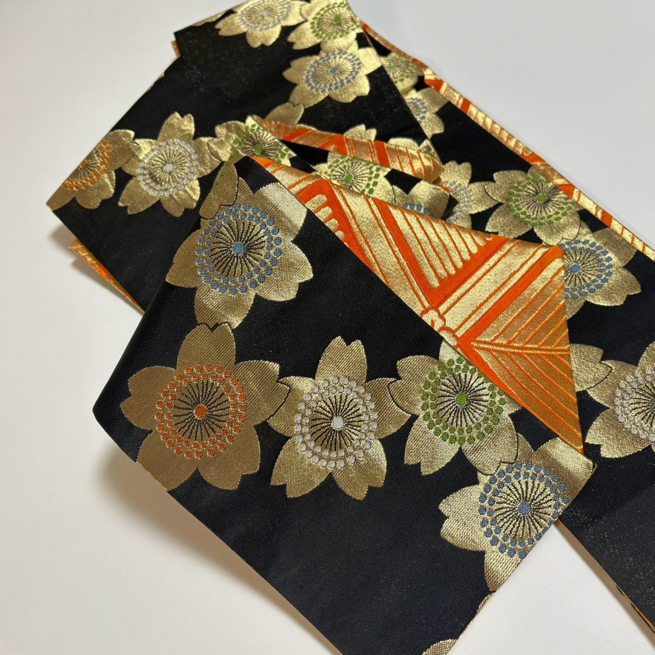 ［9545］半幅帯 美品 草花文様 黒 リバーシブル 半巾帯 浴衣 着物 レディース 袴