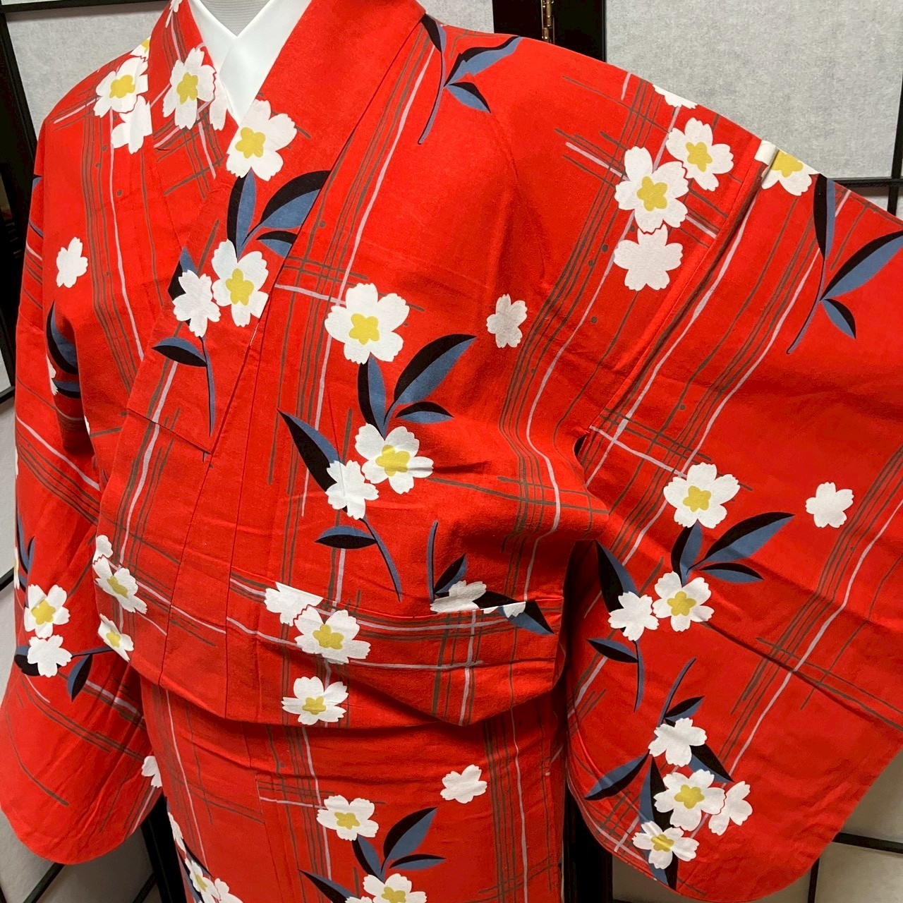 ［9446］浴衣 格子草花文様 ゆかた レディース リメイク 綿