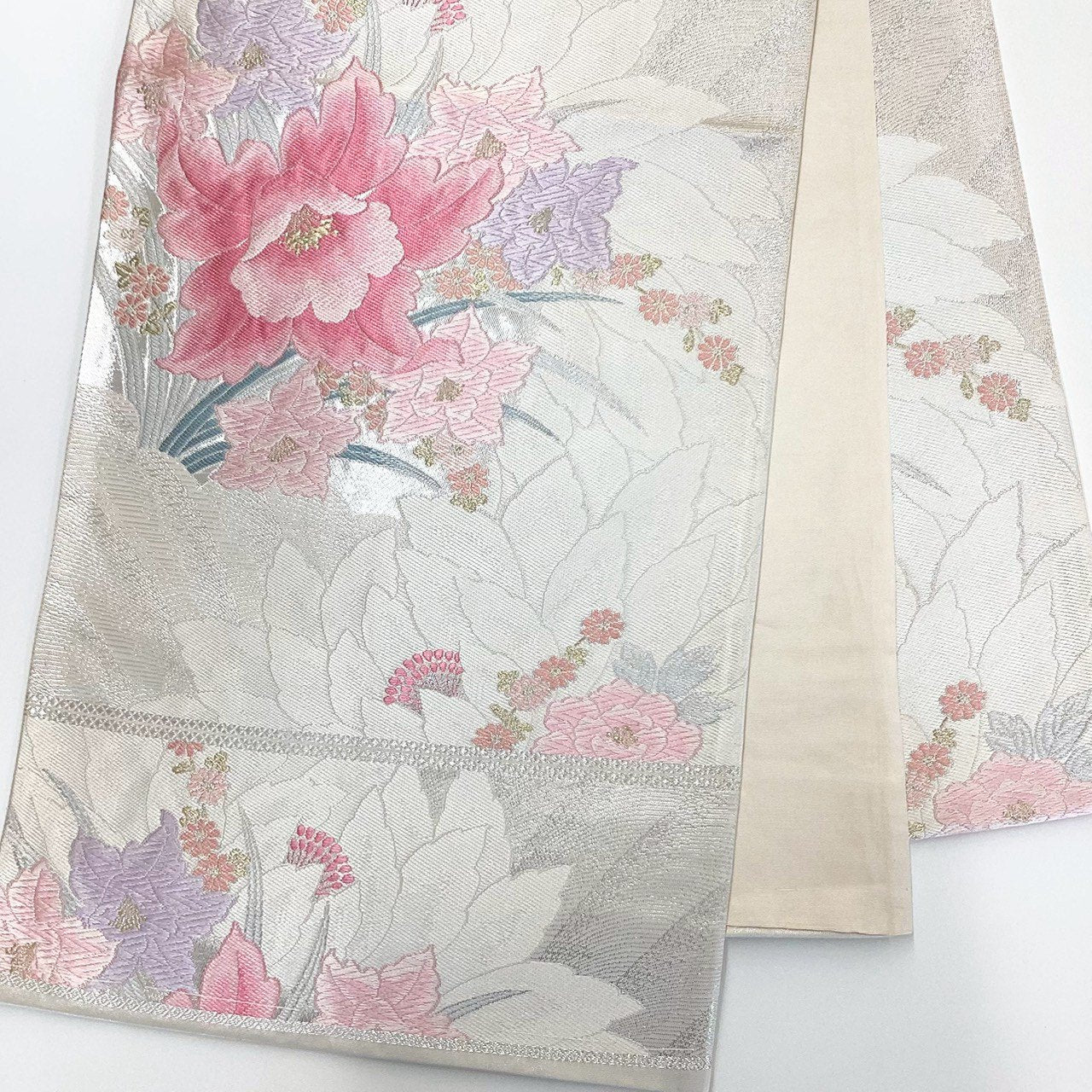 ［8877］袋帯 草花文様 刺繍 銀糸 六通 正絹 着物 フォーマル