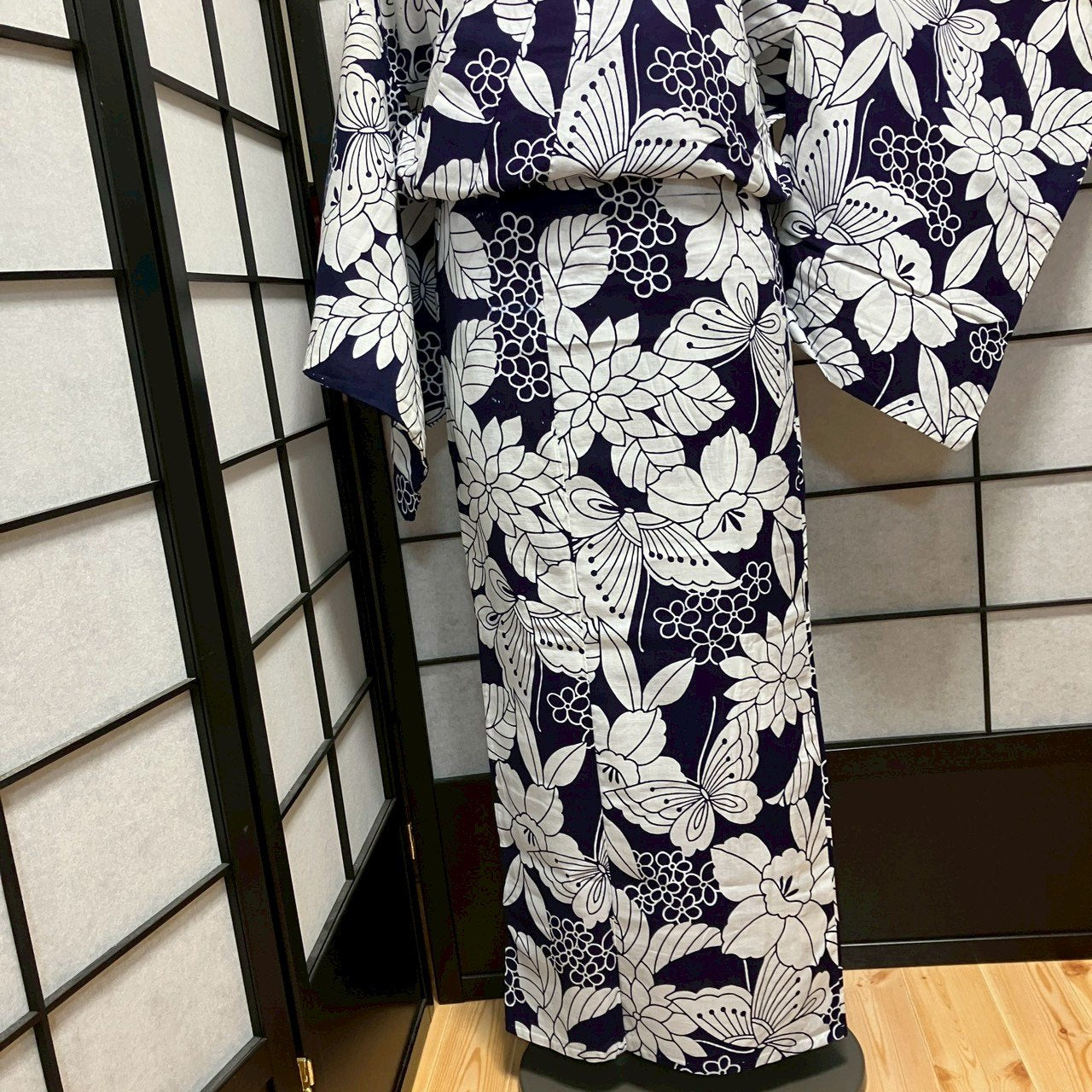 ［9087］浴衣 草花蝶文様 綿 リメイク ゆかた レディース