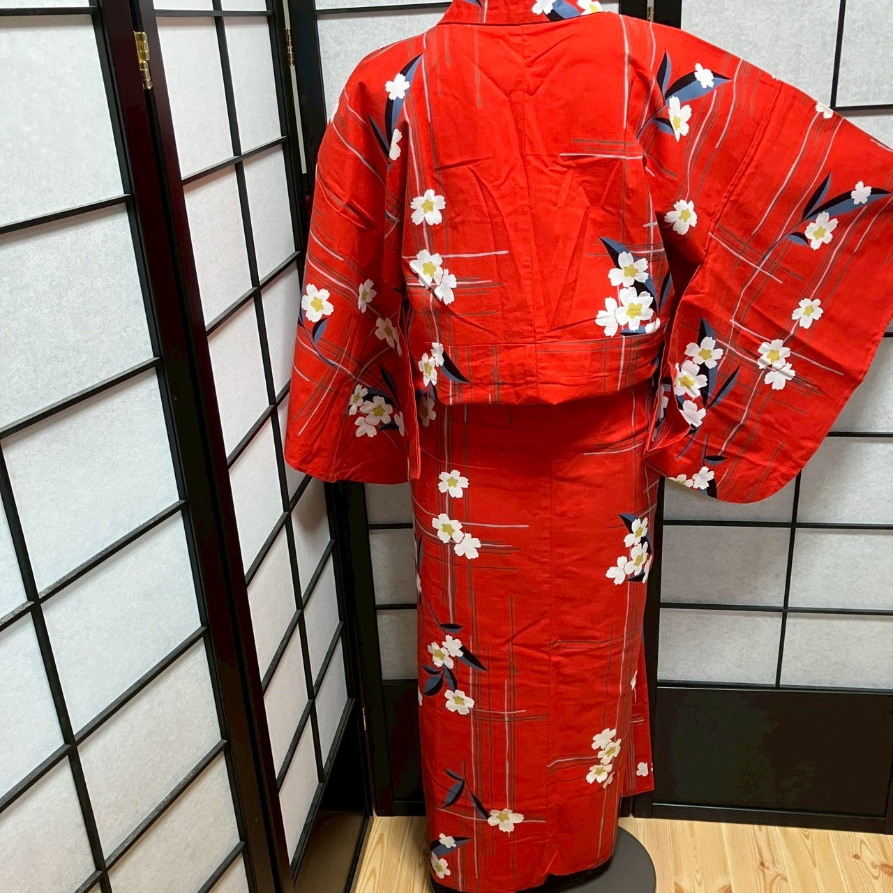 ［9446］浴衣 格子草花文様 ゆかた レディース リメイク 綿