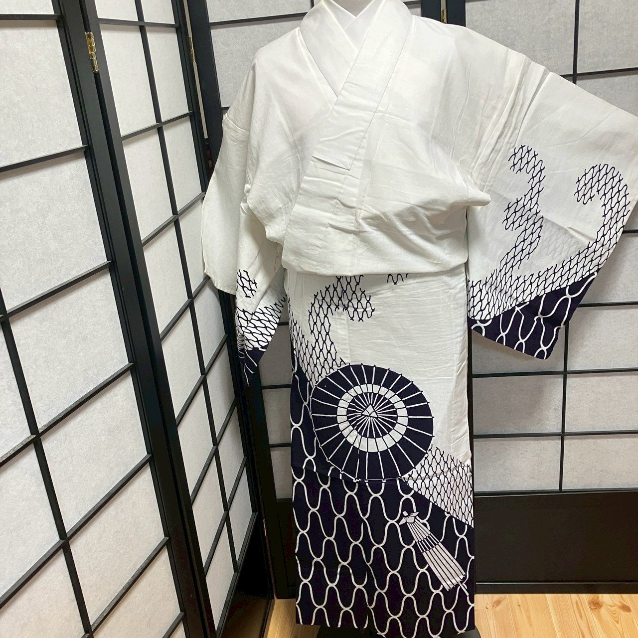 ［9135］浴衣 番傘文様 ゆかた レディース 綿 リメイク