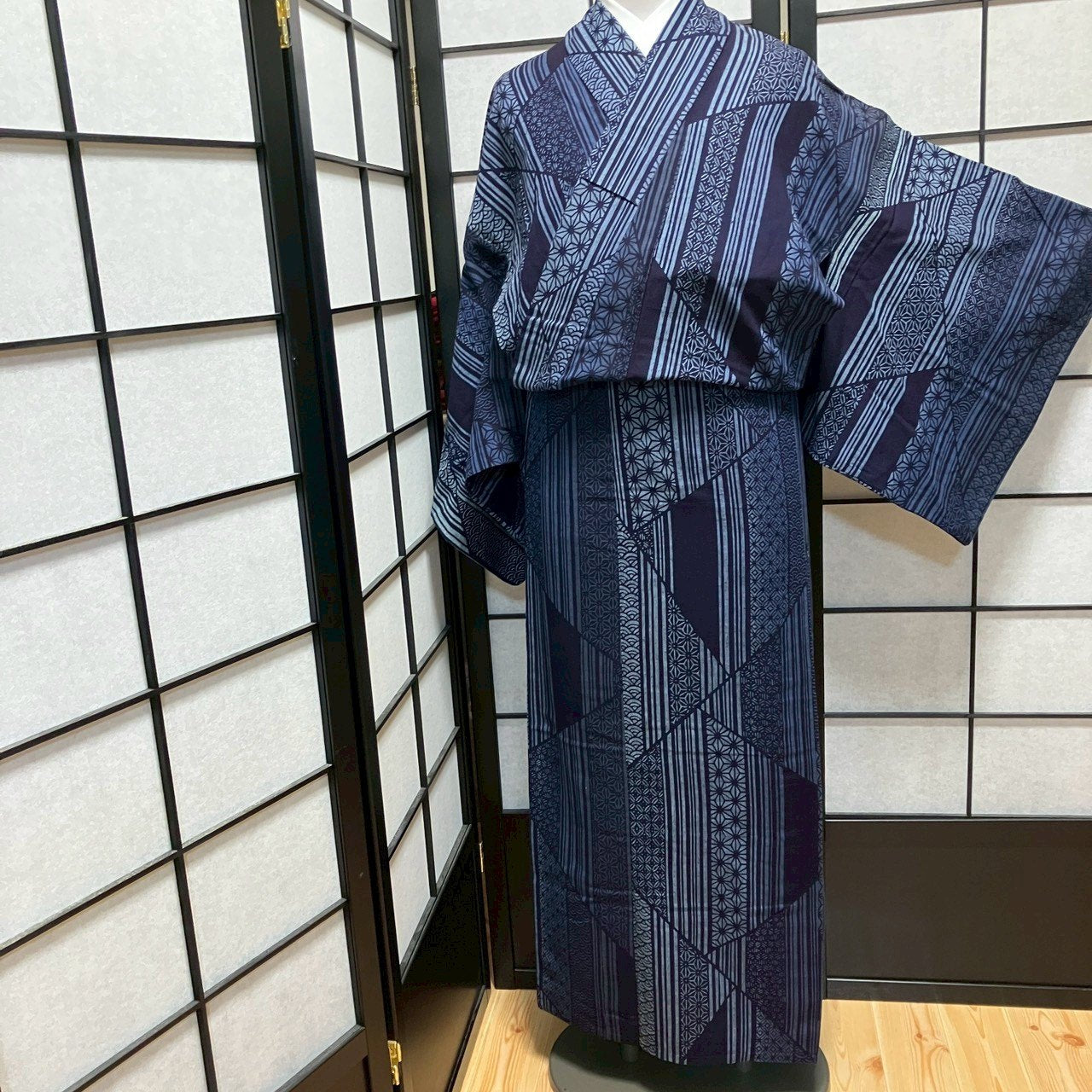 ［9465］浴衣 美品 麻の葉青海波吉祥文様 ゆかた レディース 綿 リメイク