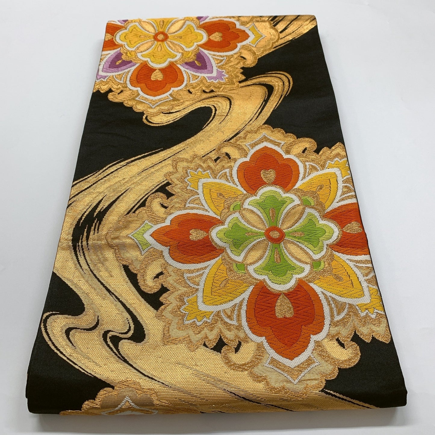 ［8981］袋帯 花菱流水文様 刺繍 金彩 黒 六通 正絹 着物 フォーマル