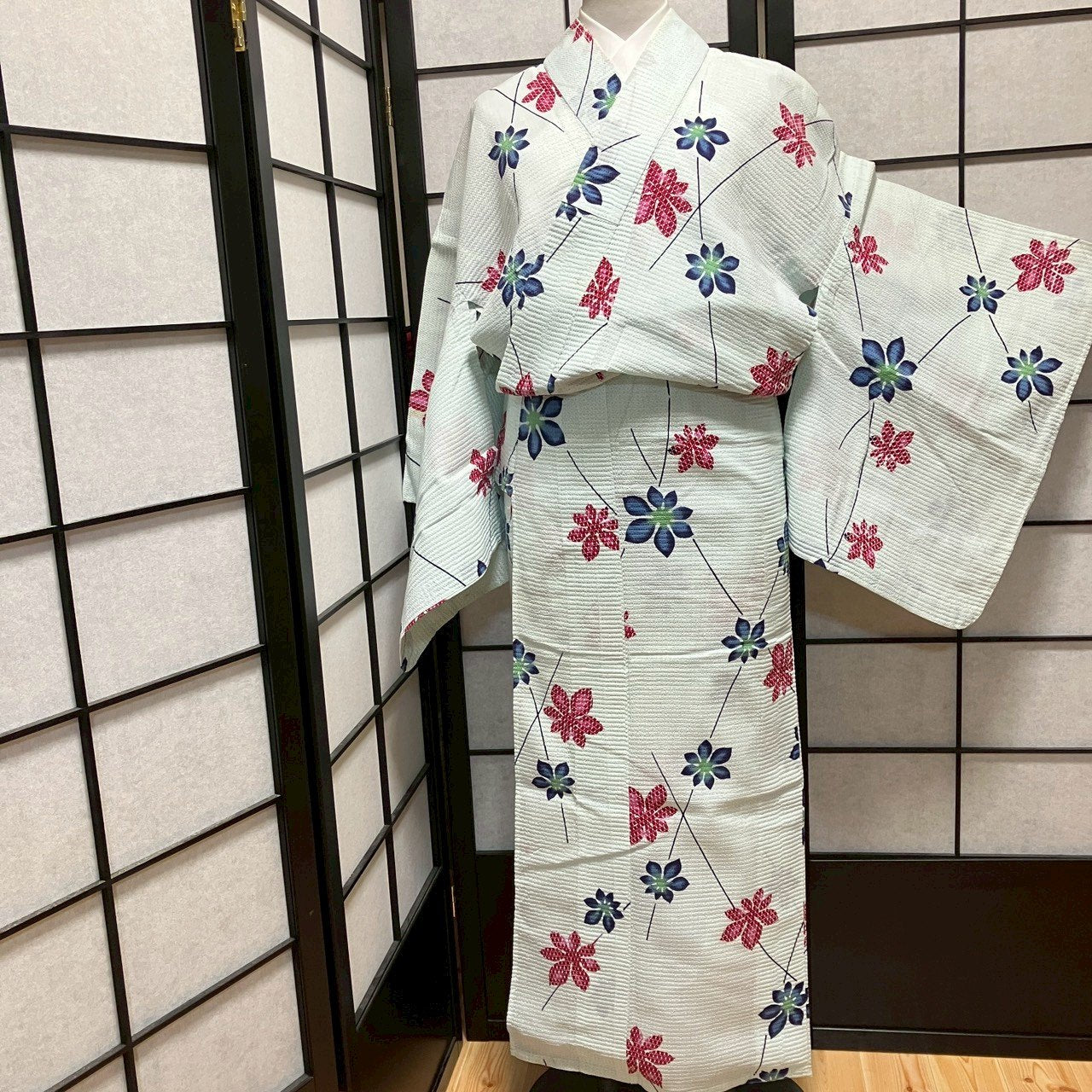 ［9485］浴衣 枝花文様 絞り調 ゆかた レディース リメイク 綿