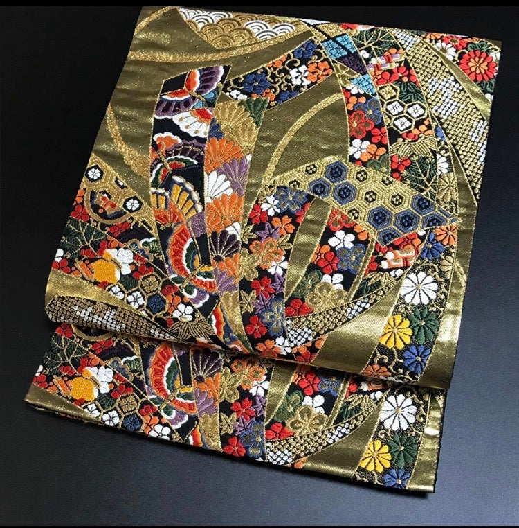 1186# Japanese Vintage Fukuro Obi Belt Kimono Fabric Silk Traditional Gold
