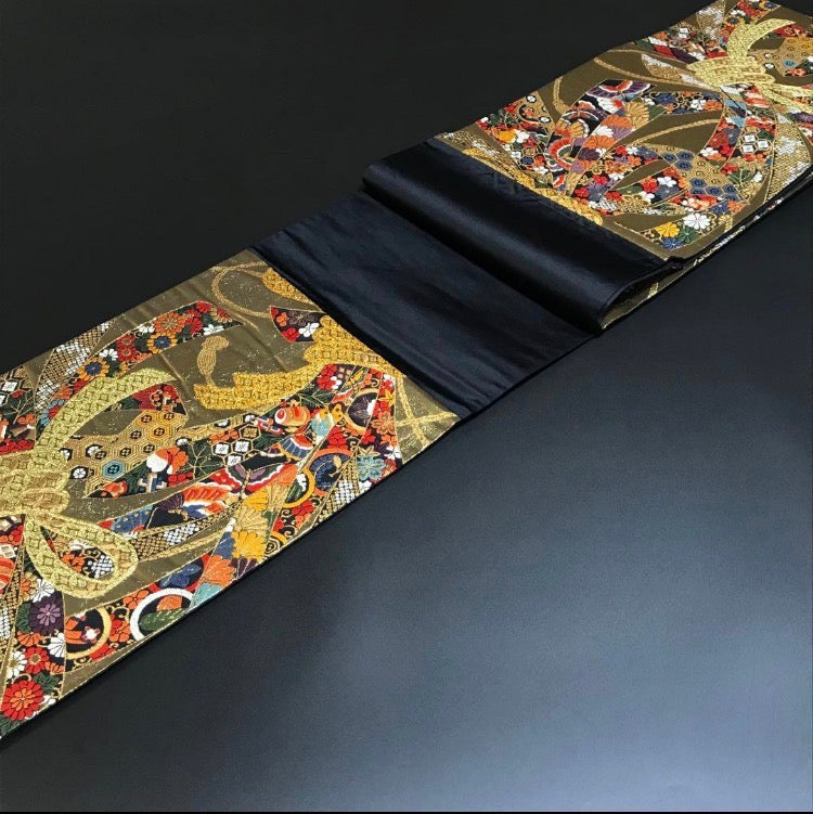 1186# Japanese Vintage Fukuro Obi Belt Kimono Fabric Silk Traditional Gold