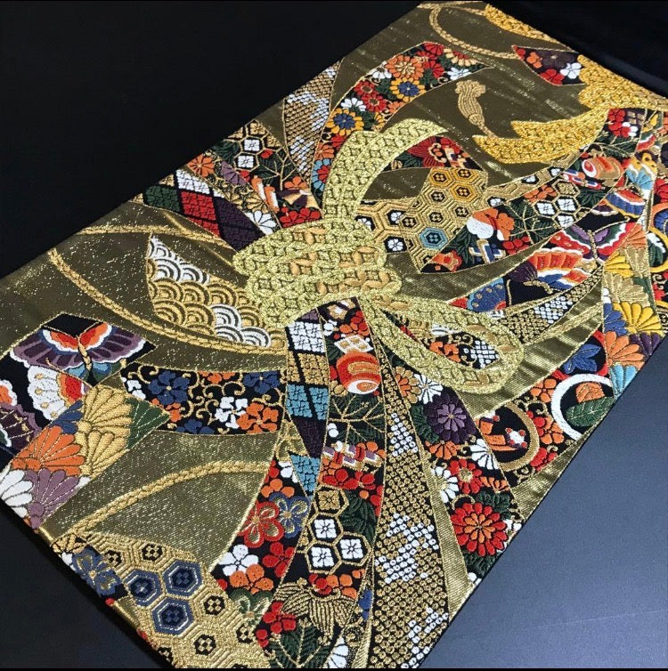 1186# Japanese Vintage Fukuro Obi Belt Kimono Fabric Silk Traditional Gold