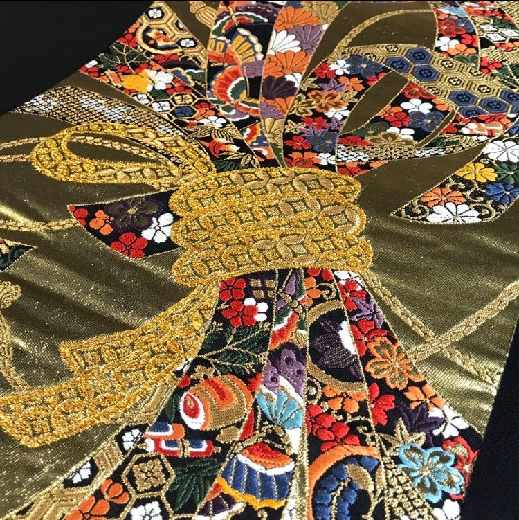 1186# Japanese Vintage Fukuro Obi Belt Kimono Fabric Silk Traditional Gold