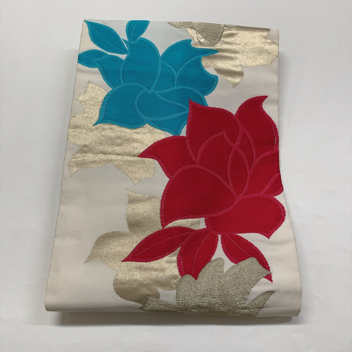 ［9397］名古屋帯 草花文様 刺繍 金彩 九寸 白 正絹 着物