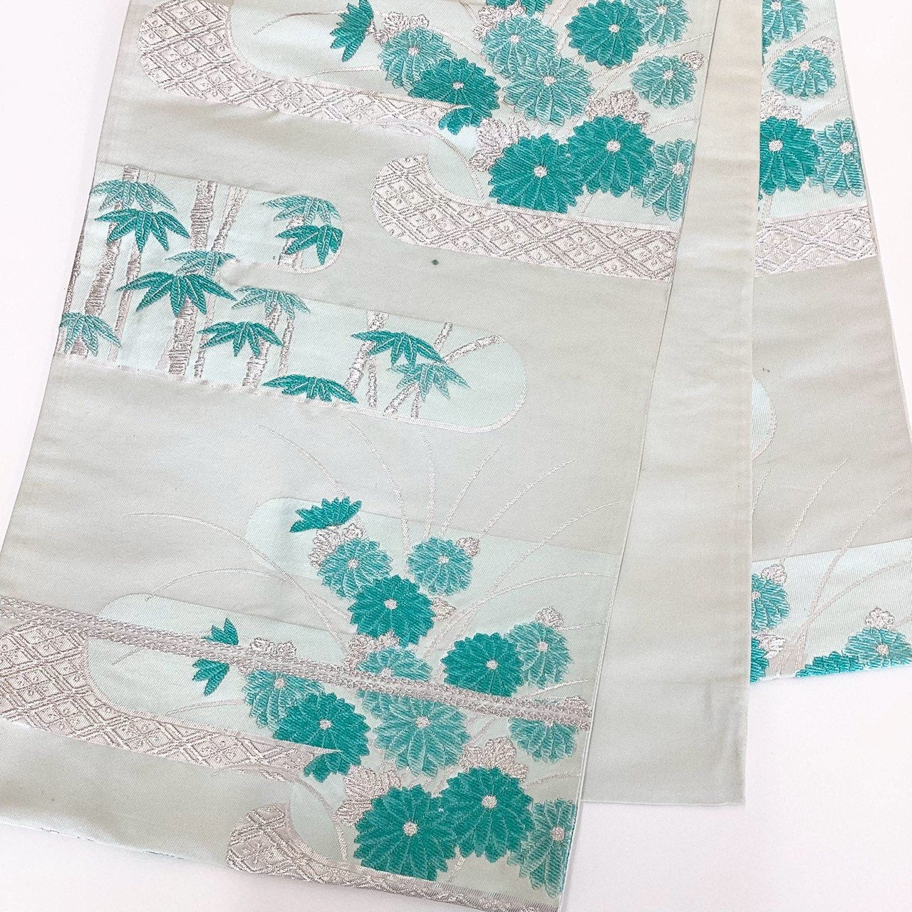 ［8835］袋帯 霞草花笹文様 銀糸 六通 正絹 着物 フォーマル