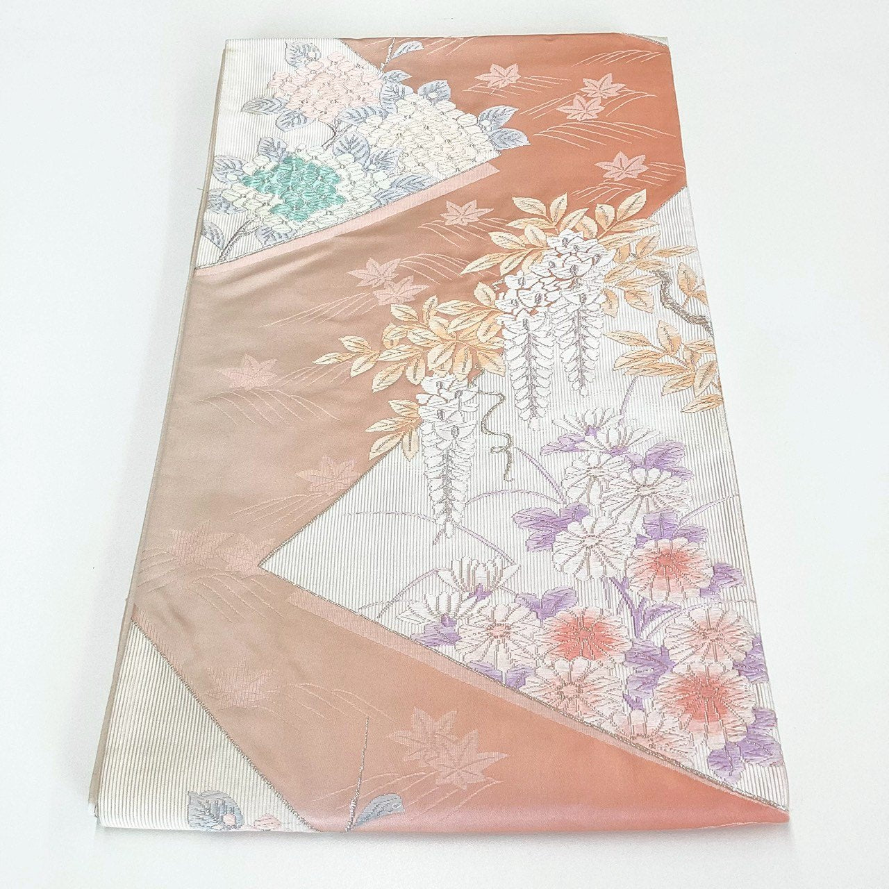 ［8836］袋帯 草花楓立波文様 銀糸 六通 正絹 着物 フォーマル