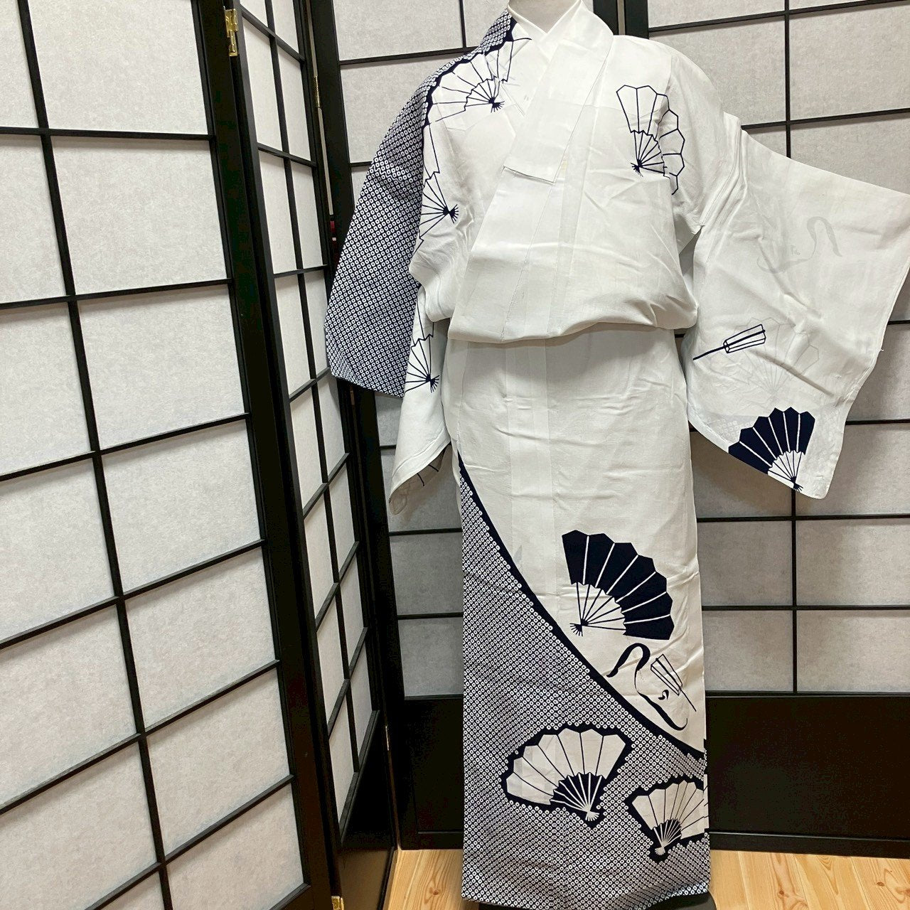 ［8789］浴衣 扇吉祥文様 鹿の子柄 綿 ゆかた レディース リメイク