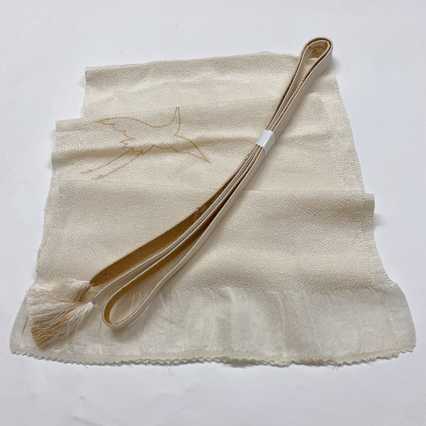 ［8349］帯締め 帯揚げ セット 舞鶴文様 縮緬 金彩 正絹 着物 帯絞め