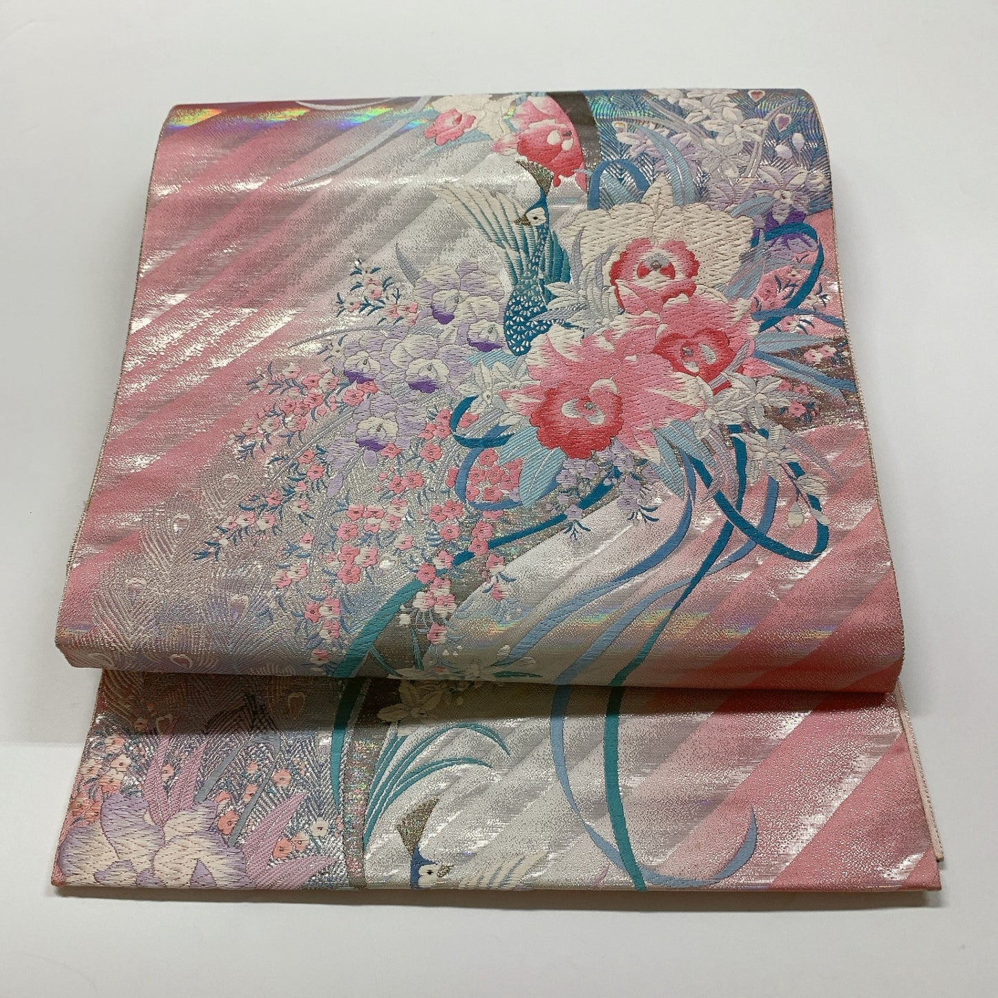 ［8966］袋帯 孔雀草花文様 刺繍 六通 正絹 着物 フォーマル