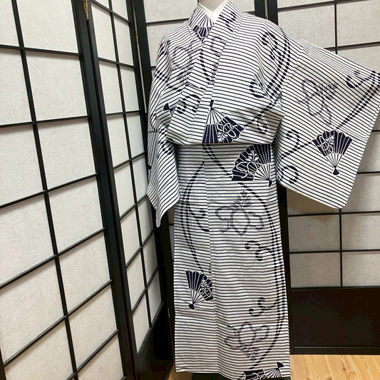 9451# Japanese Yukata Womens Vintage Fabric Cotton Robe Kimono Traditional
