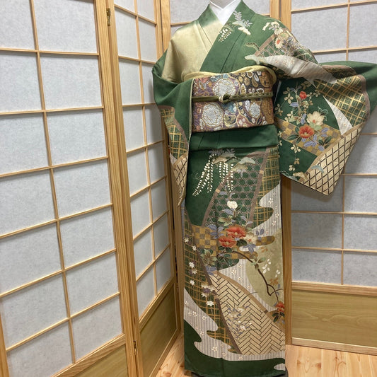 2874# Japanese Kimono Vintage Womens Silk Fabric Robe Kimono only sold Green