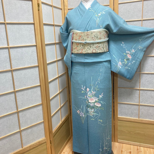 2857# Japanese Kimono Vintage Womens Silk Fabric Robe Kimono only sold Blue