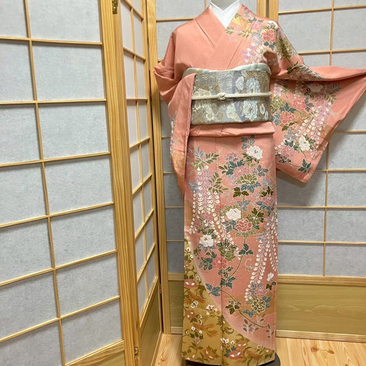 5810# Japanese Kimono Vintage Womens Silk Fabric Robe Kimono only sold Pink