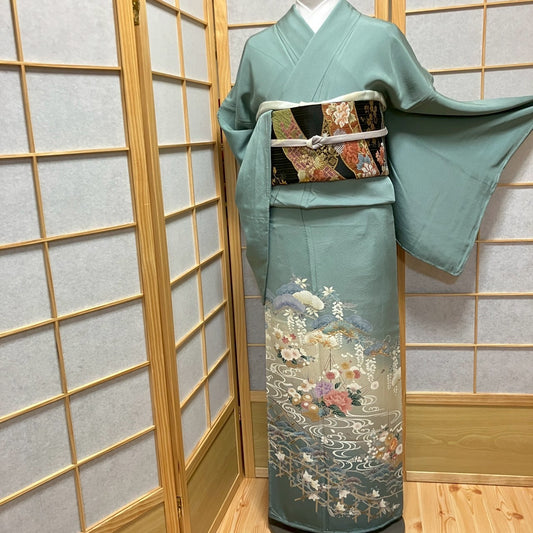 5832# Japanese Kimono Vintage Womens Silk Fabric Robe Kimono only sold Unused