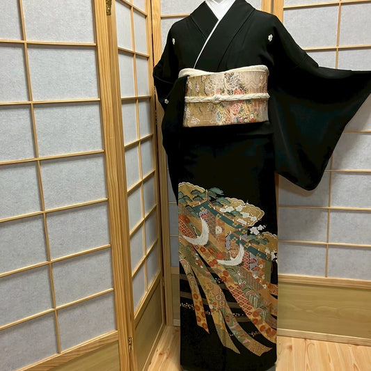 6105# Japanese Tomesode Kimono Vintage Womens Silk Fabric Robe Kimono only sold