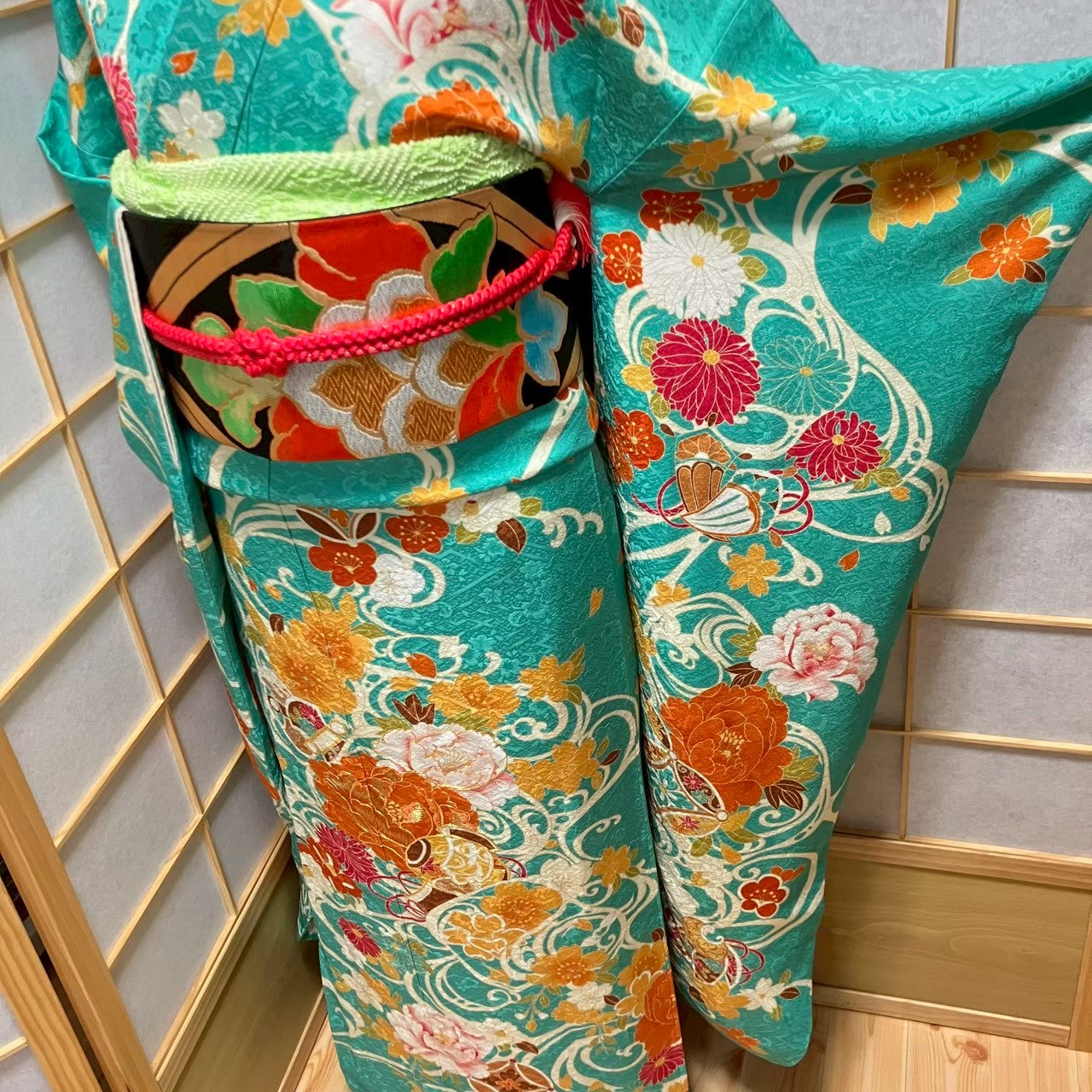 6120# Japanese Vintage Furisode Kimono Obi Obijime Obiage 4-Piece Set Silk Robe
