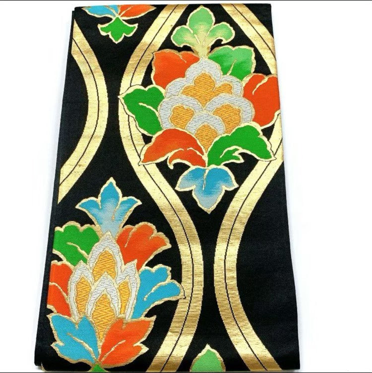 6120# Japanese Vintage Furisode Kimono Obi Obijime Obiage 4-Piece Set Silk Robe