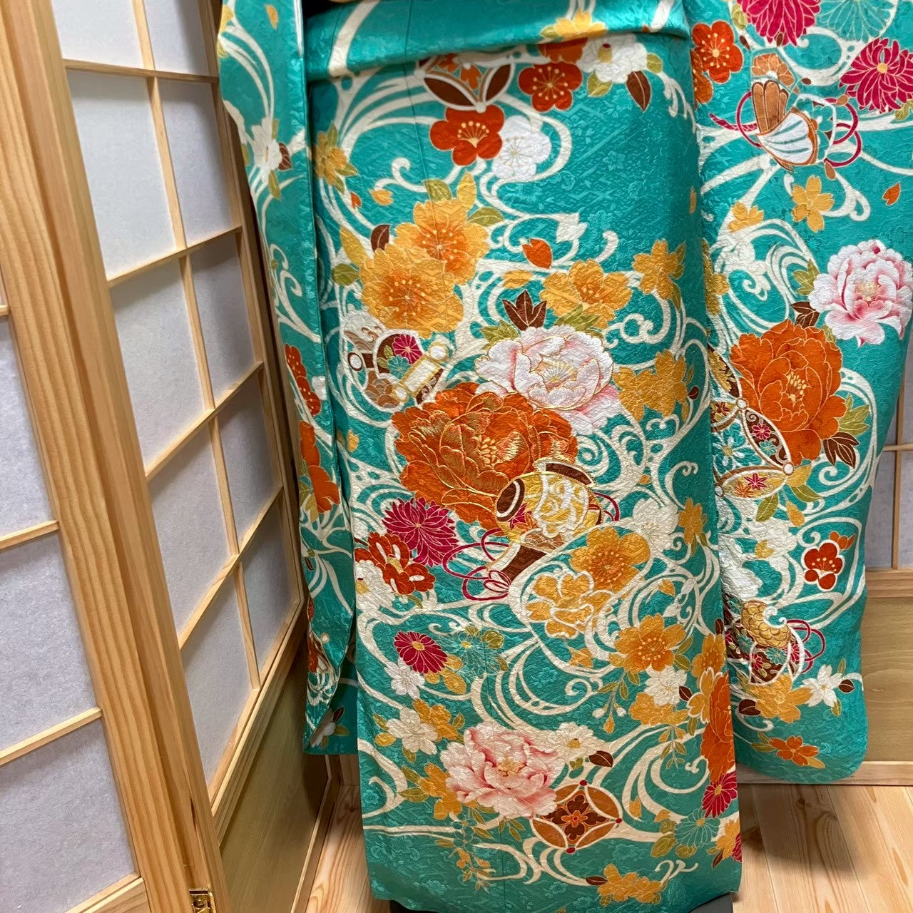 6120# Japanese Vintage Furisode Kimono Obi Obijime Obiage 4-Piece Set Silk Robe