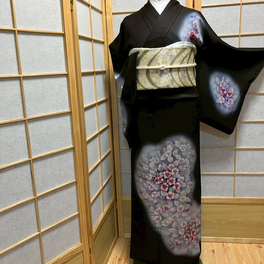 6129# Japanese Kimono Vintage Womens Silk Fabric Robe Kimono only sold Black