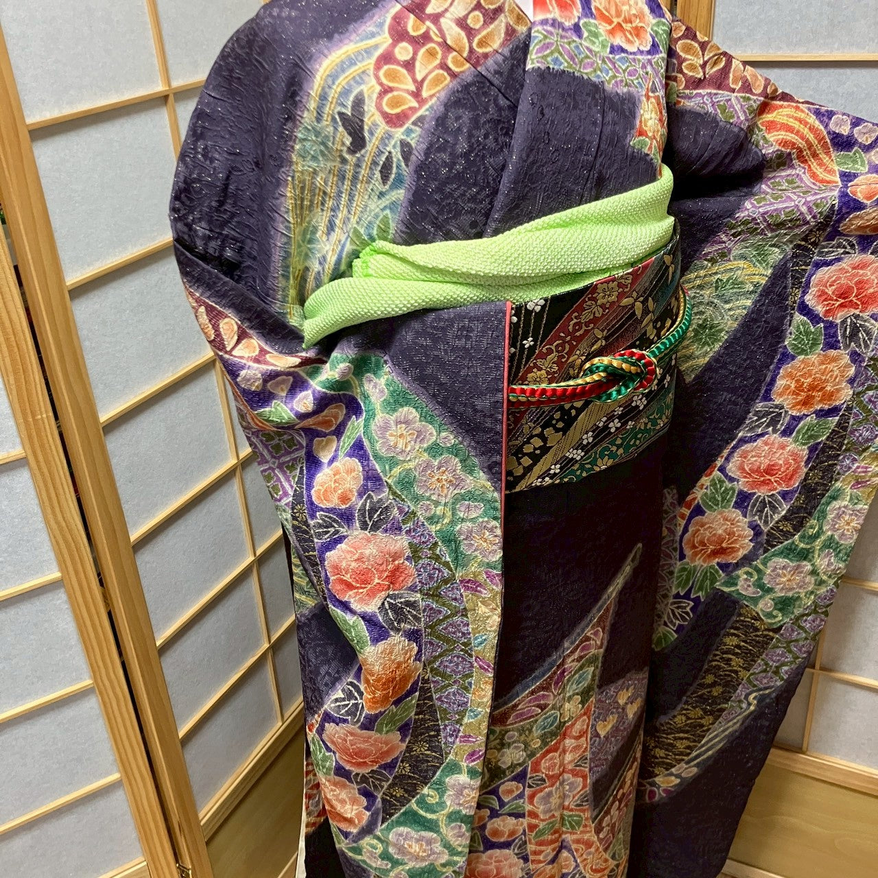 6132# Japanese Vintage Furisode Kimono Obi Obijime Obiage 4-Piece Set Silk Robe