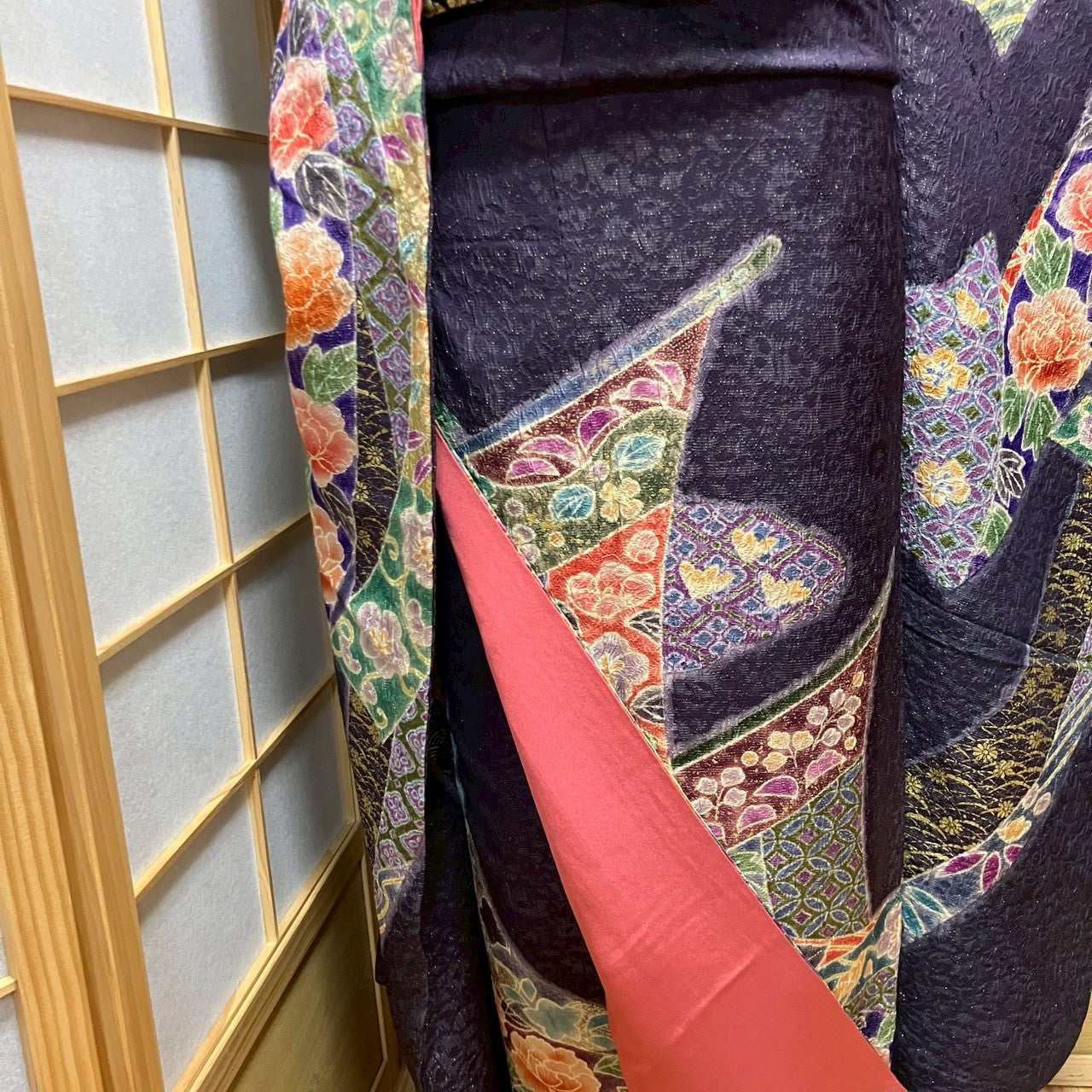 6132# Japanese Vintage Furisode Kimono Obi Obijime Obiage 4-Piece Set Silk Robe