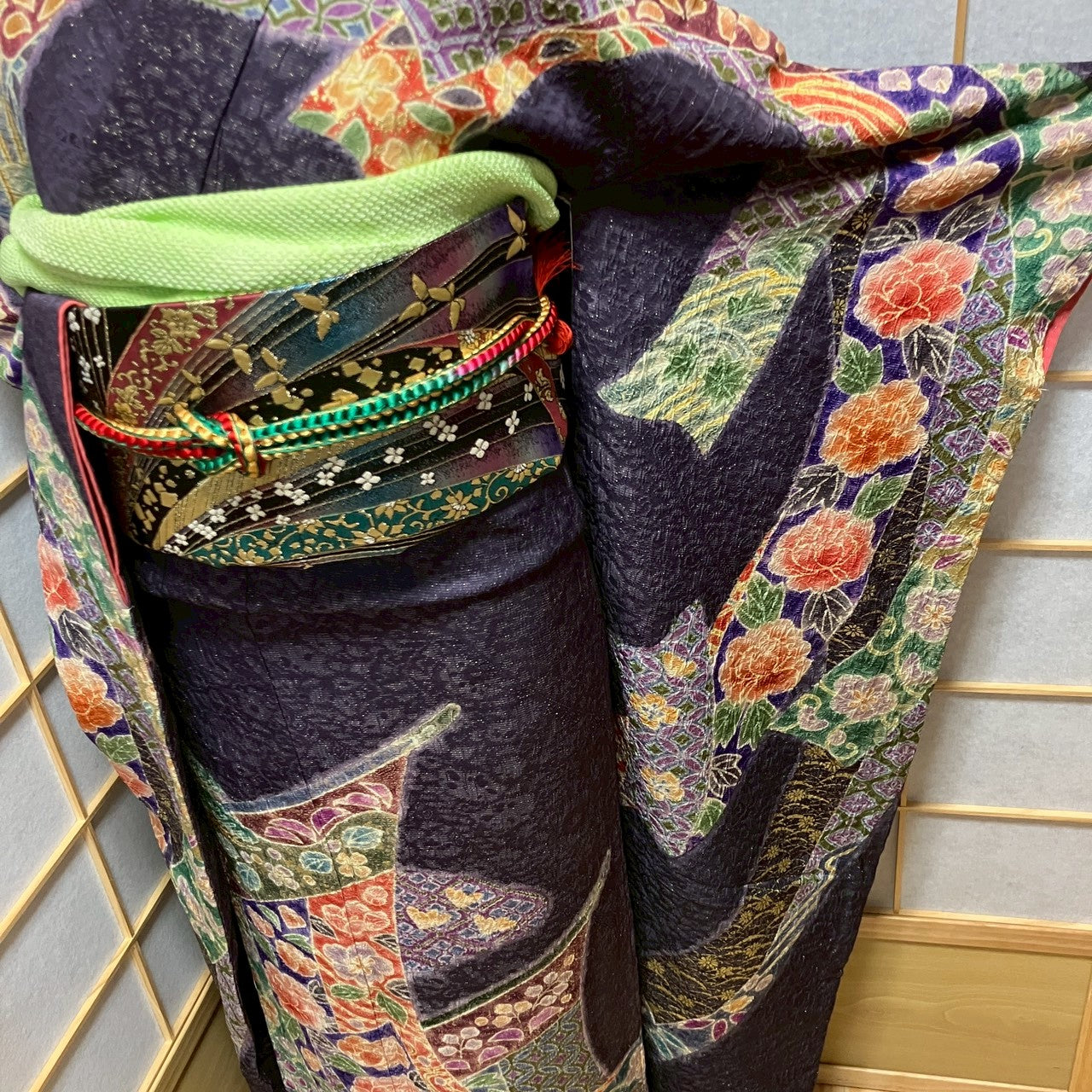 6132# Japanese Vintage Furisode Kimono Obi Obijime Obiage 4-Piece Set Silk Robe