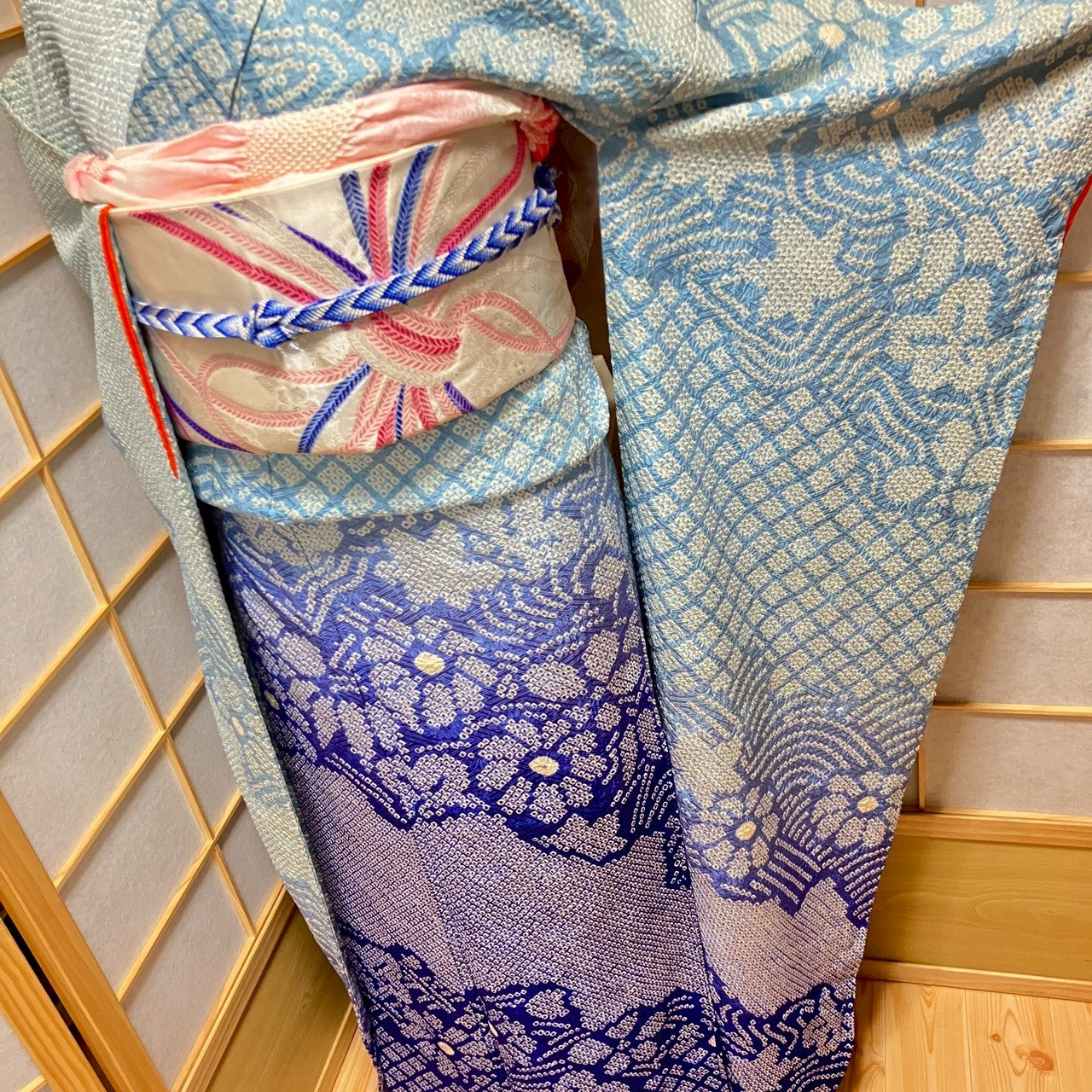 6141# Japanese Vintage Furisode Kimono Obi Obijime Obiage 4-Piece Set Silk Robe