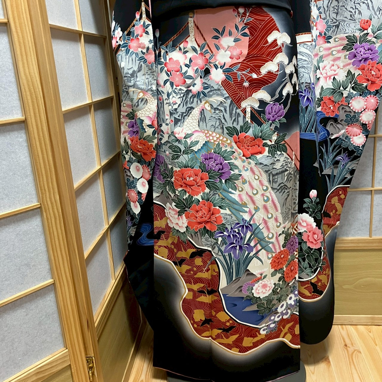 6145# Japanese Vintage Furisode Kimono Obi Obijime Obiage 4-Piece Set Silk Robe