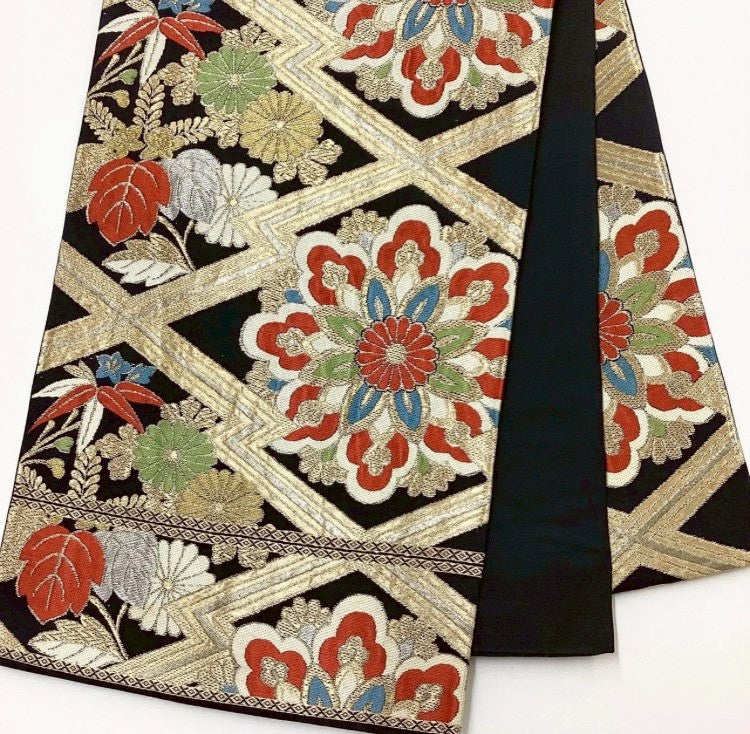 7109# Japanese Vintage Furisode Kimono Obi Obijime Obiage 4-Piece Set Silk Robe