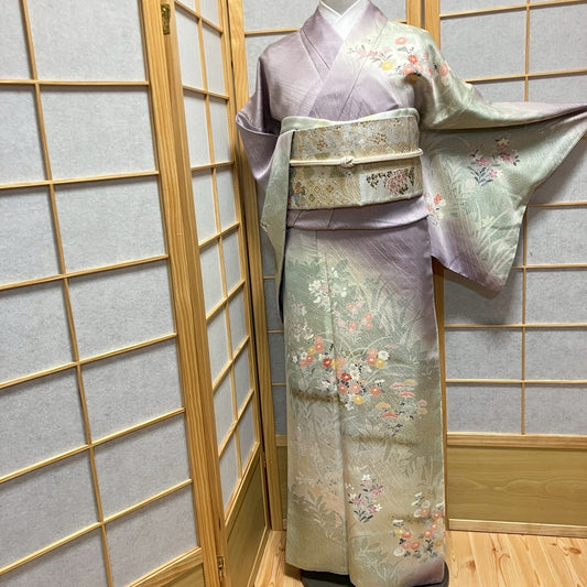 6769# Japanese Kimono Vintage Womens Silk Fabric Robe Kimono only sold Purple